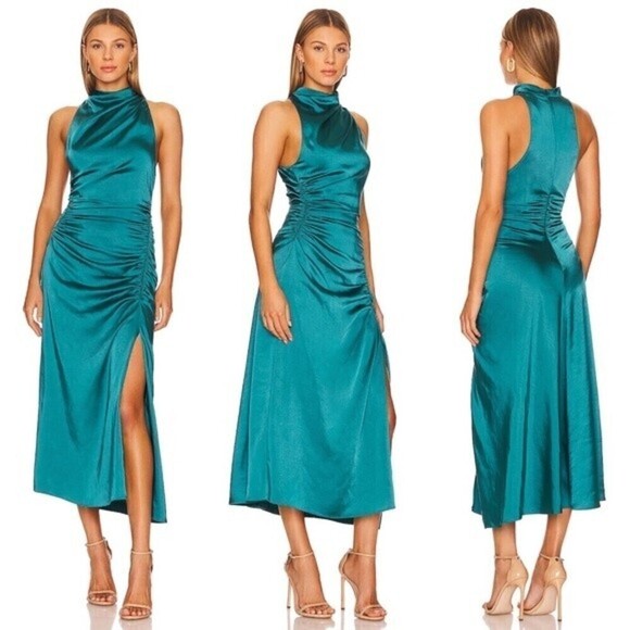 A.L.C. Satin Midi Dress 2 Inez Ruched Emerald Teal Green - Picture 1 of 16